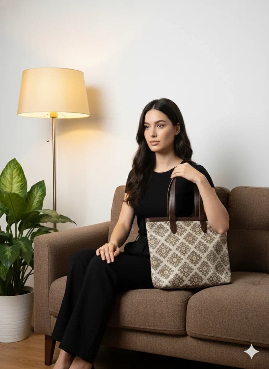 Beige Floral Print With Brown Handle Cotton Tote Bag For Women