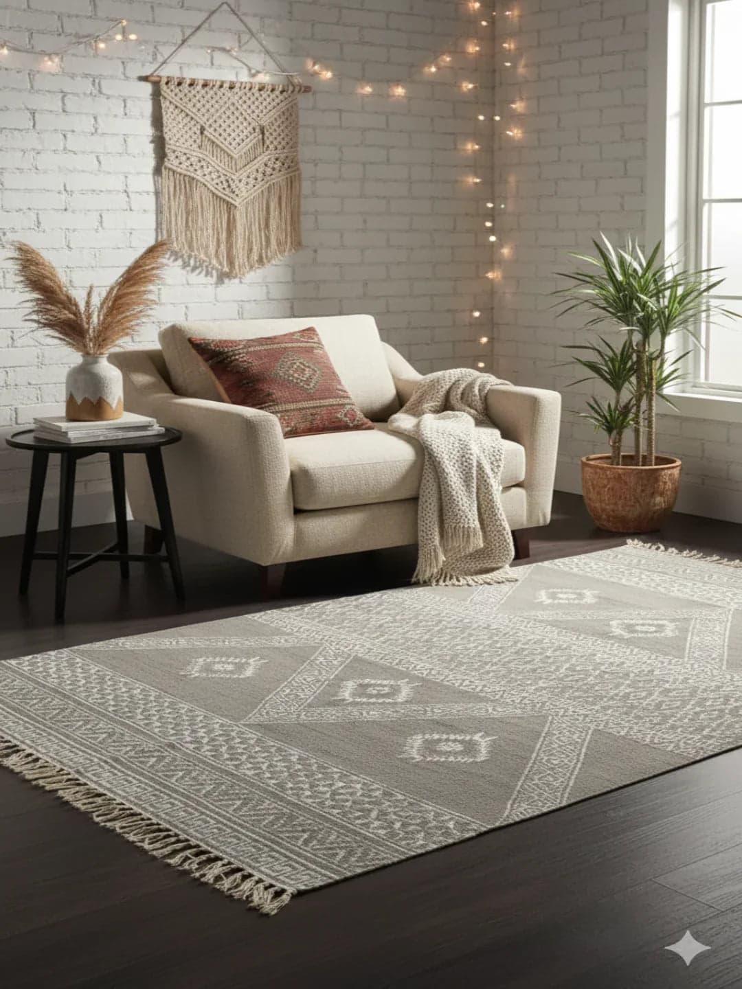 Grey Hand-Block Geometric Print Cotton Rug With Tassels