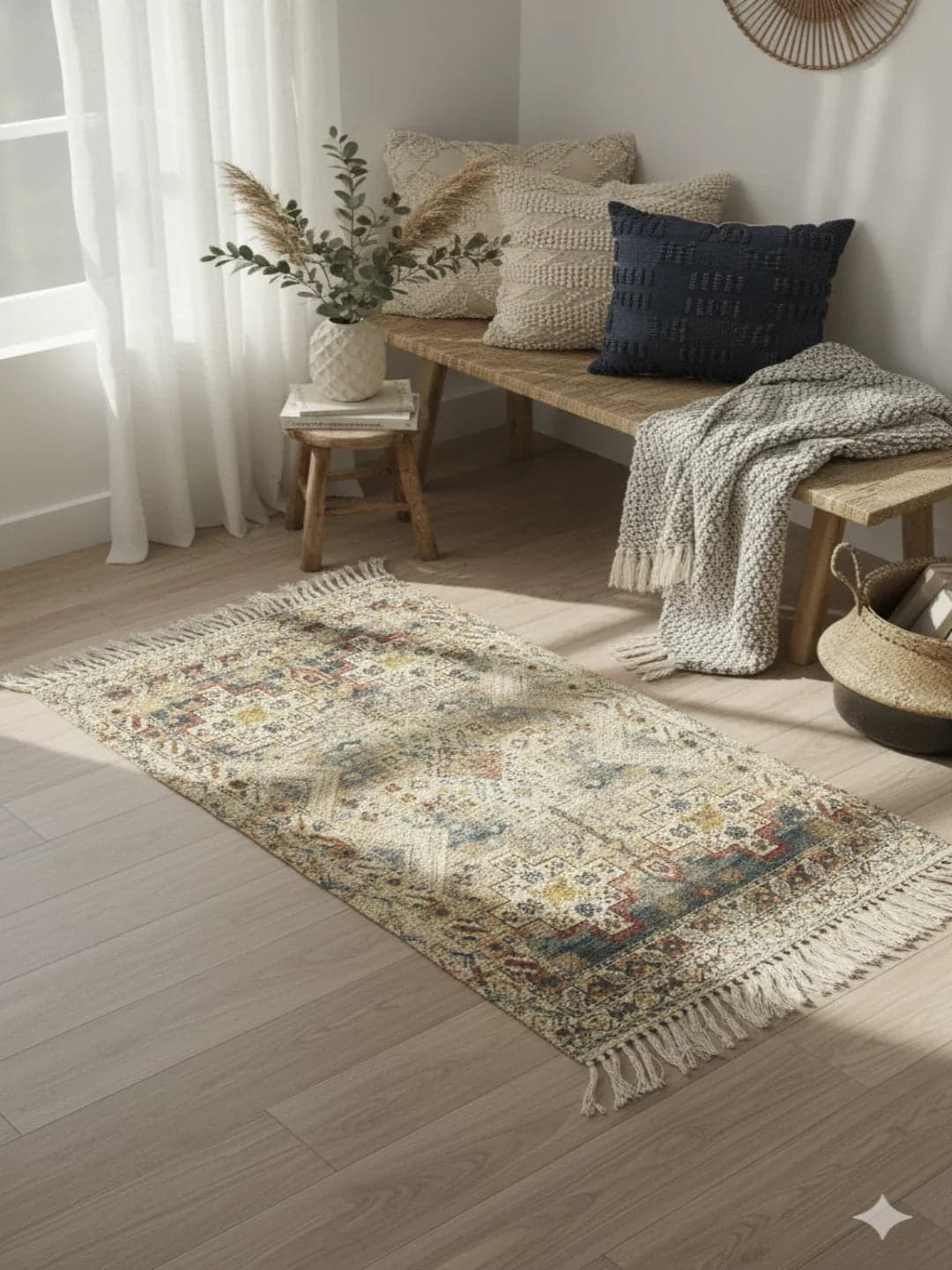 Beige Geometric Cotton Woven Digital Print Polyester Fringed Edges Rug