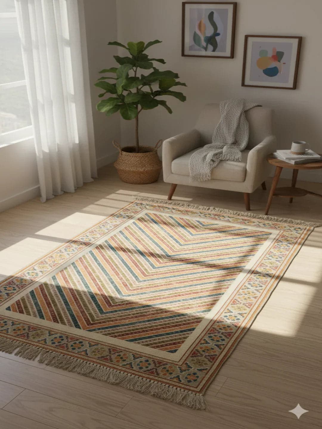 Multi Color Woven Digital Print With Fringed Edges Cotton Rug