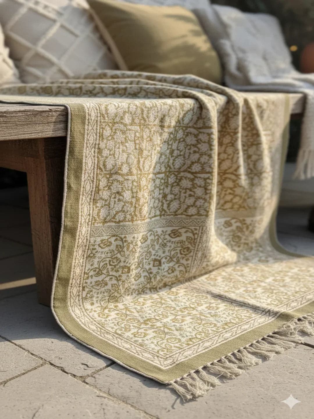 Beige Cotton Abstract Block Print Fringed Edges Rugs