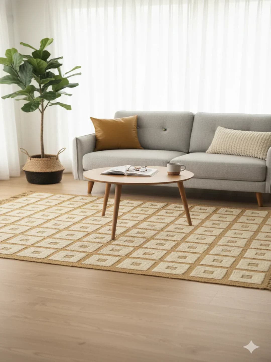 Beige Geometric Grid Woven Cotton Jute Rug With Fringed Edges