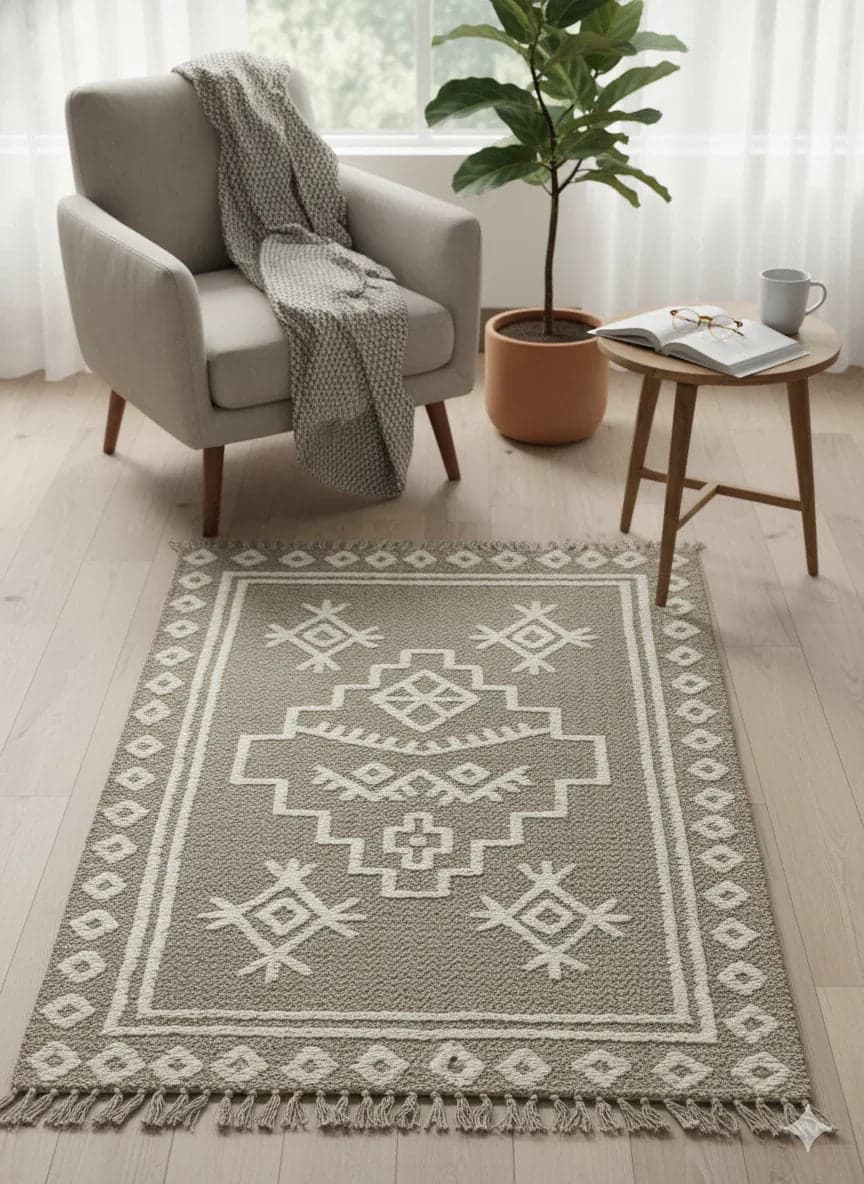 Grey Tribal Geometric Woven Cotton Jute Rug With Fringed Edges