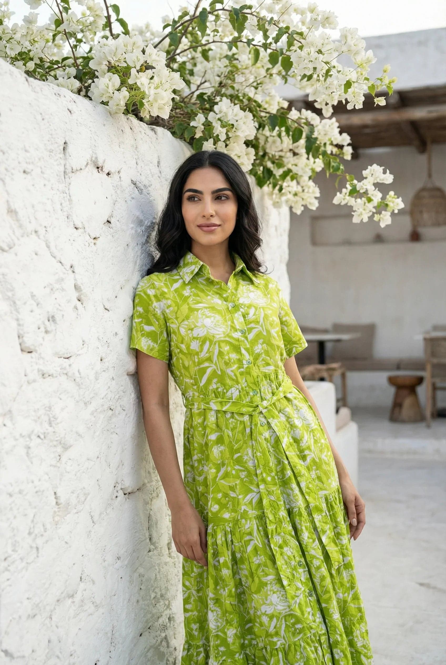 Green Floral Print Shirt Collar Flared Dress For Women