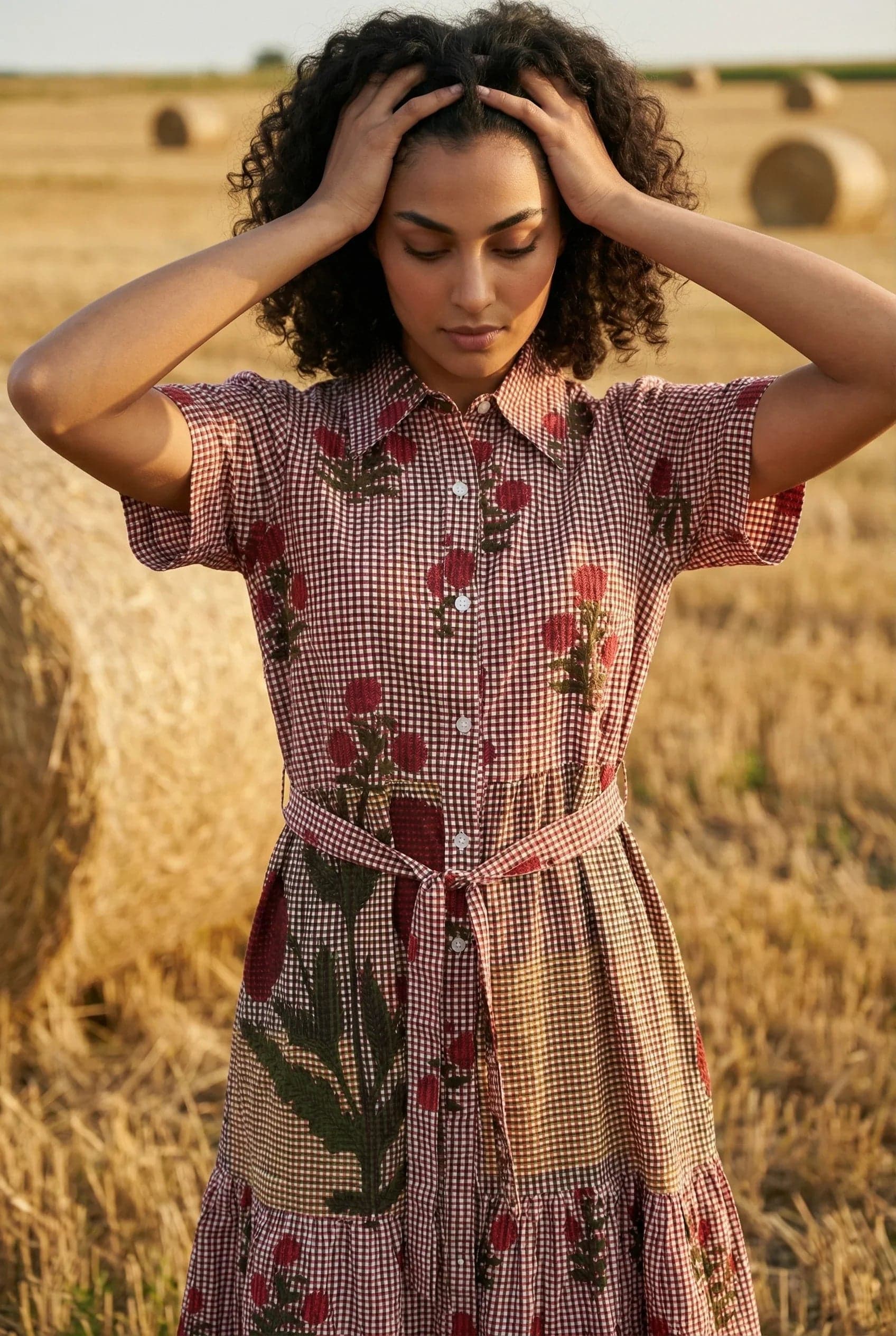 Red Floral Print Shirt Collar Cotton Dress For Women