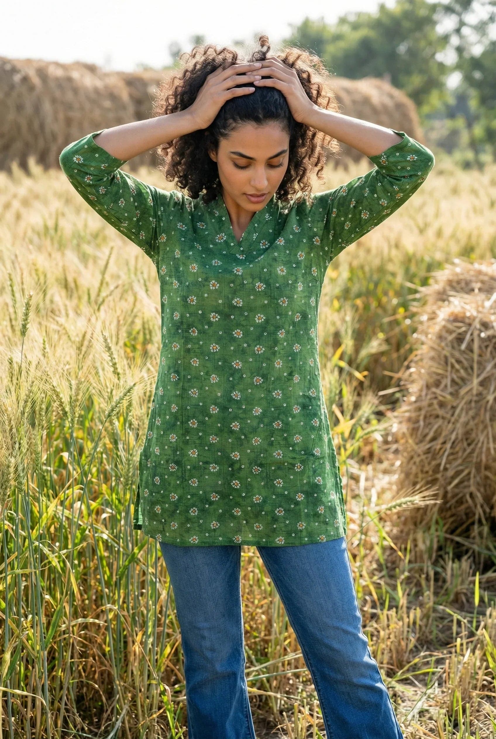 Green Solid Print V-Neck Cotton Top For Women