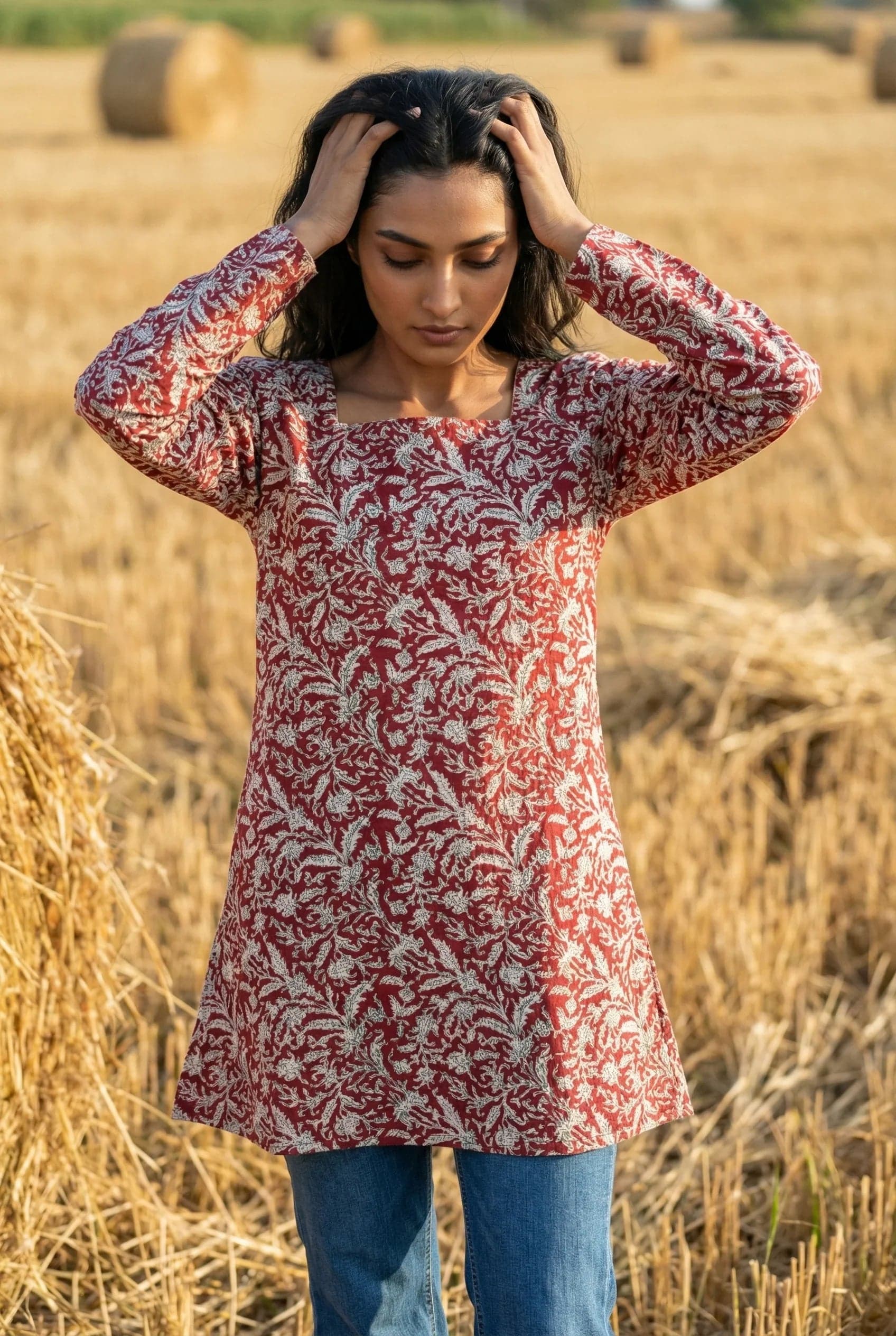 Red Floral Print Square Neck Full Sleeve Cotton Top For Women