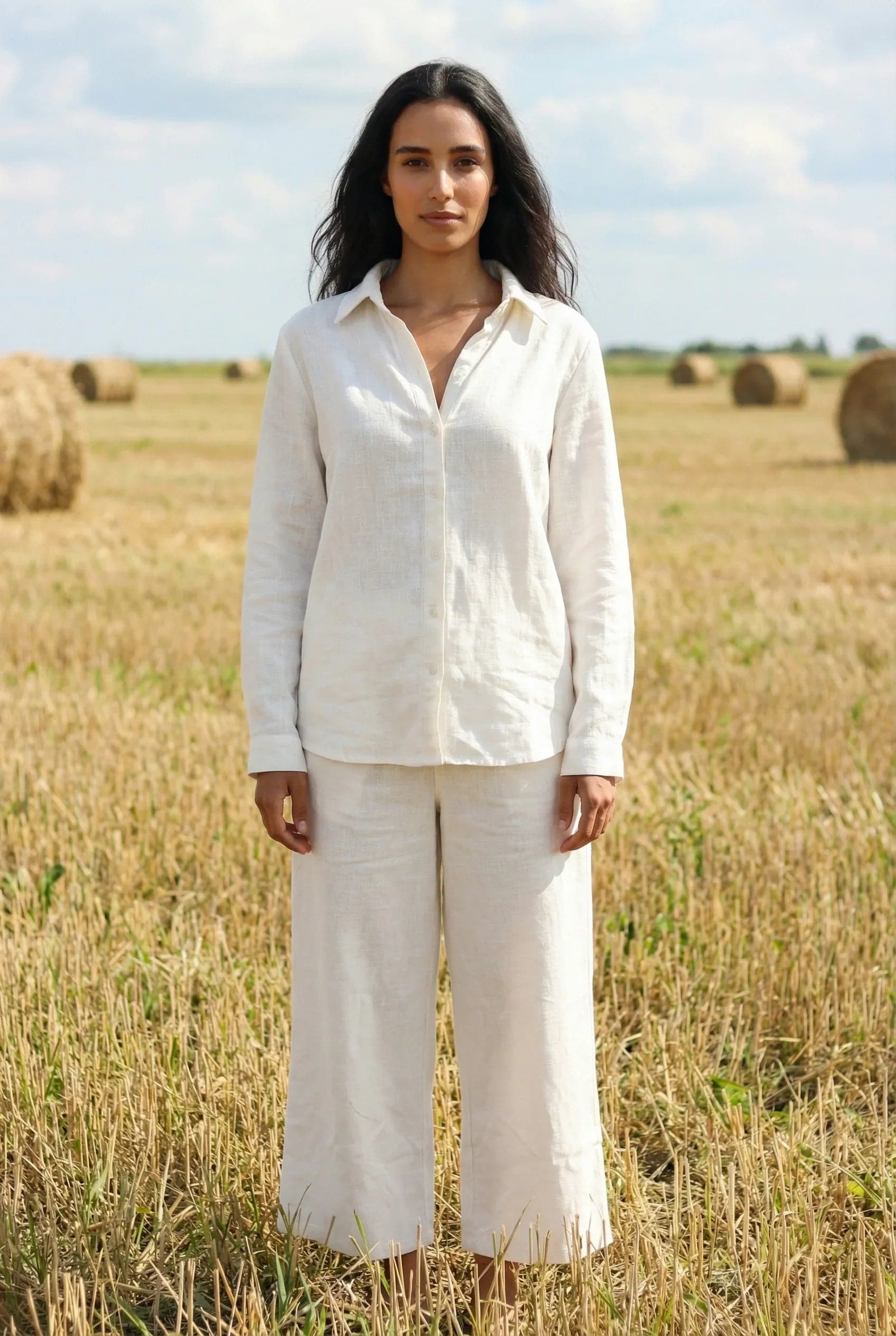 White Solid Print Shirt Collar Pure Cotton Co-Ord Set For Women