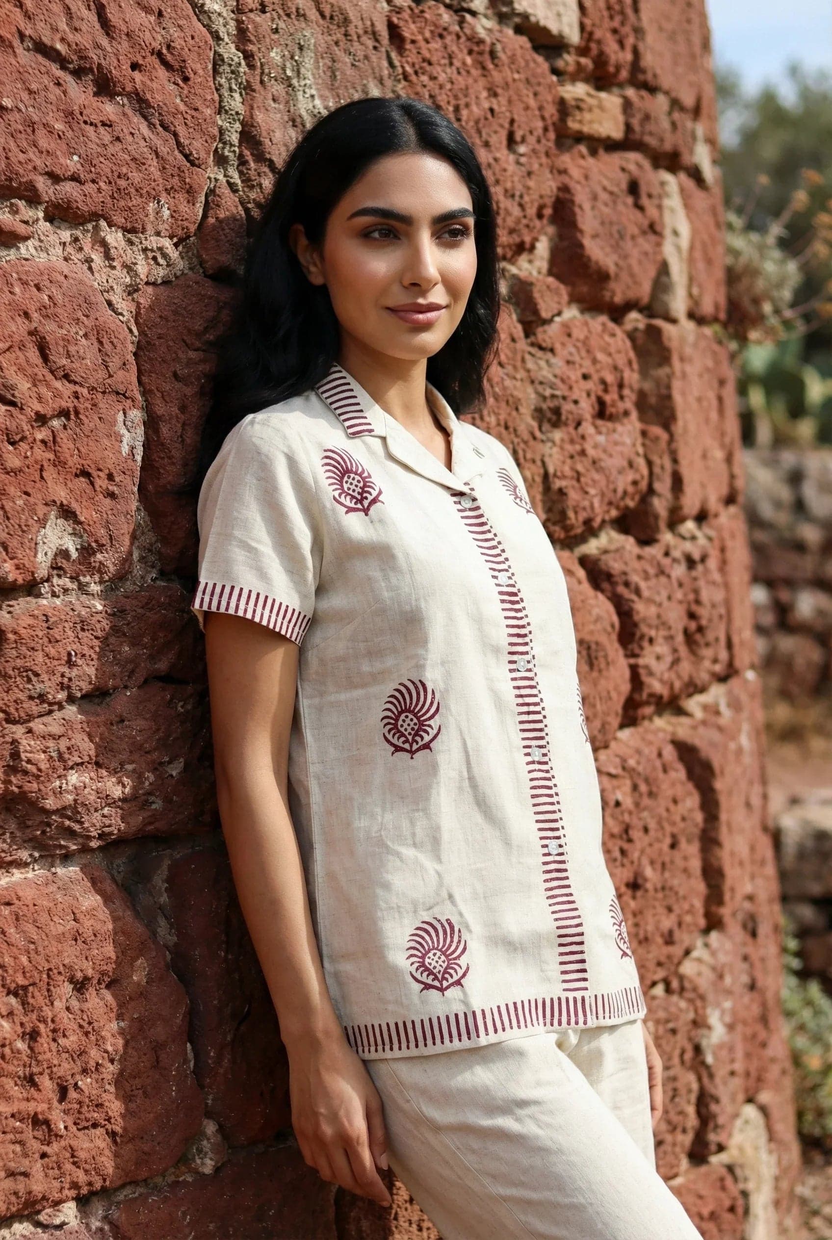 Beige Hand Block Printed Shirt Collar Pure Cotton Co-Ord Set For Women