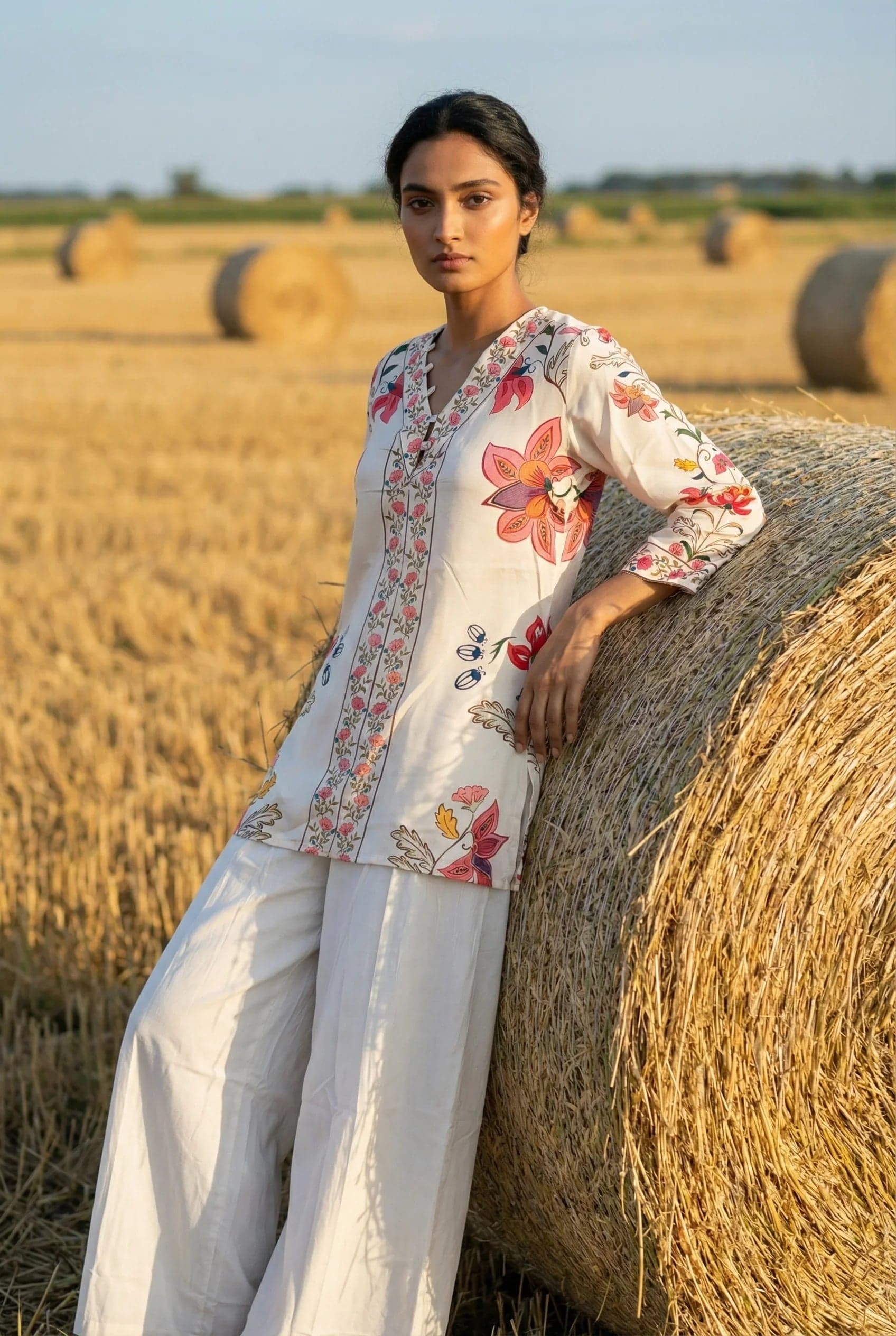 Cream Floral Print V-Neck Co-Ord Set For Women