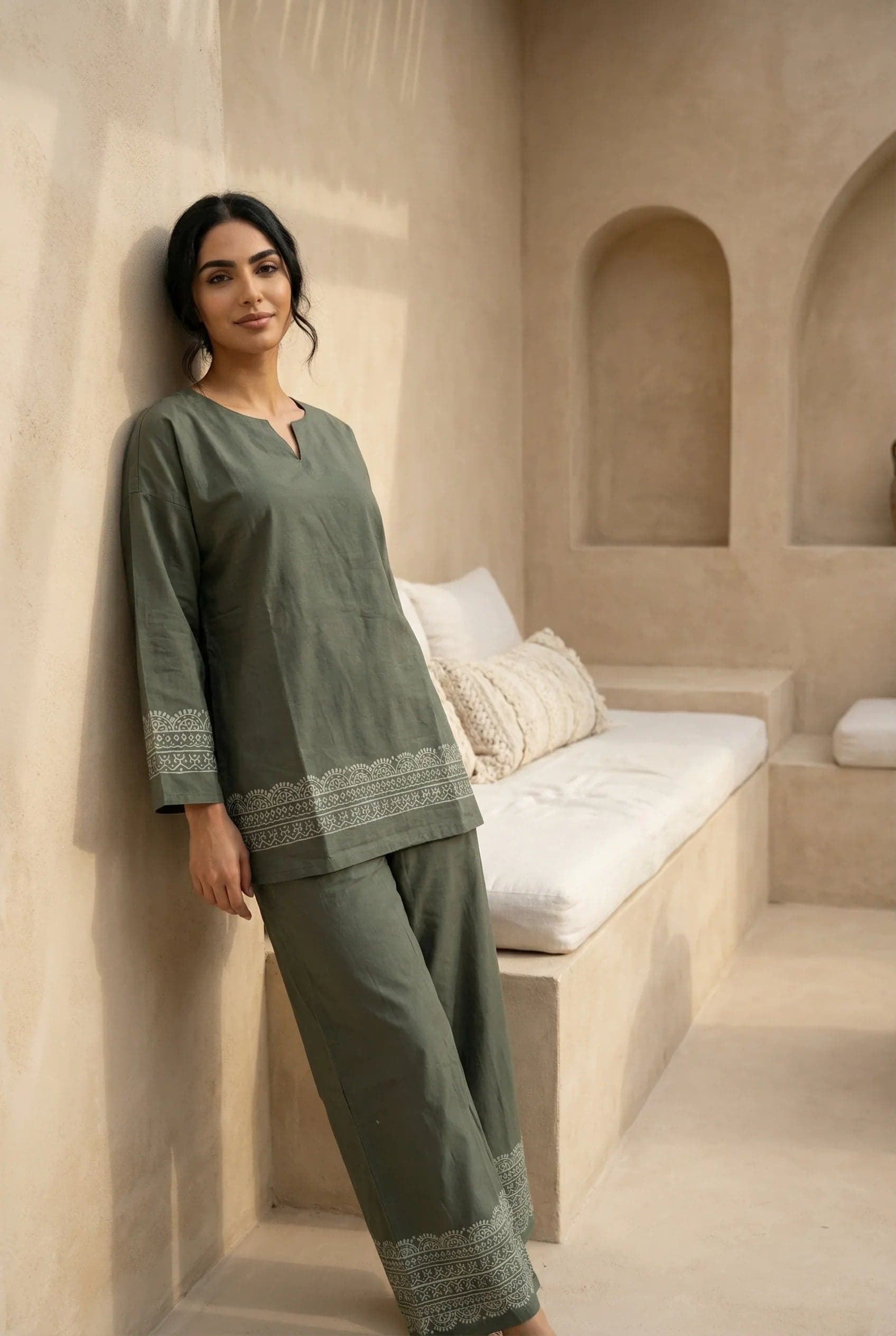 Green Ethnic Hand Block Print V-Neck Pure Cotton Night Suit Set For Women