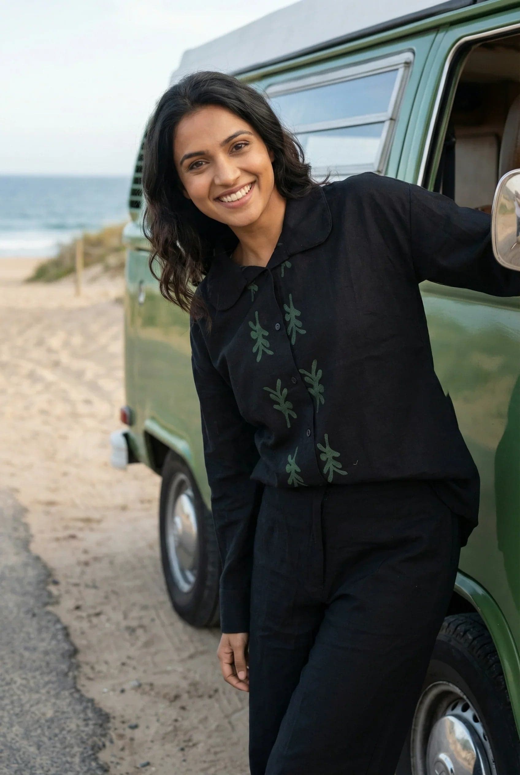 Black Solid Hand Block Print Shirt Collar Cotton Night Suit Set For Women