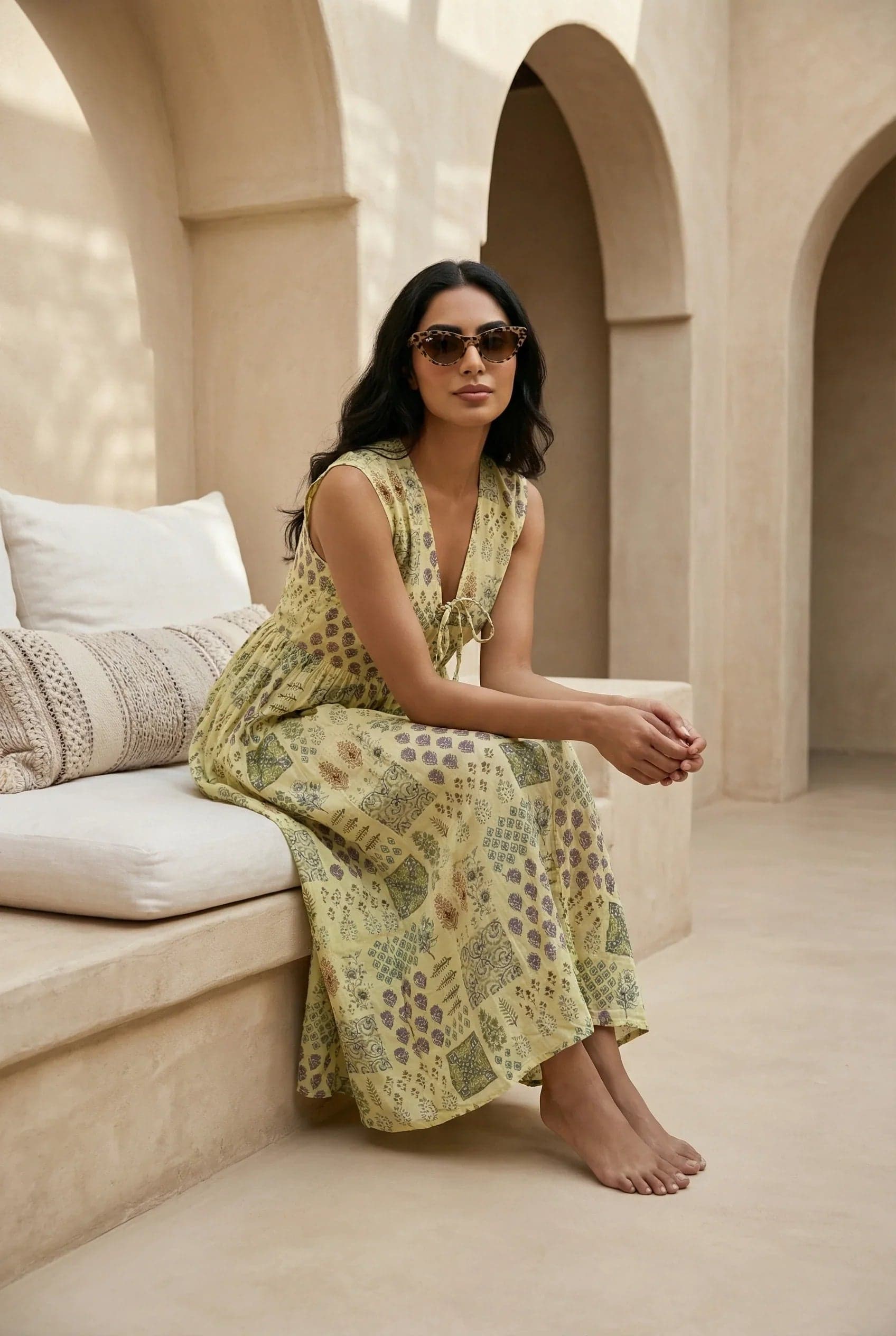 Yellow Ethnic Motifs Print V-Neck Silk Blend Flared Dress For Women