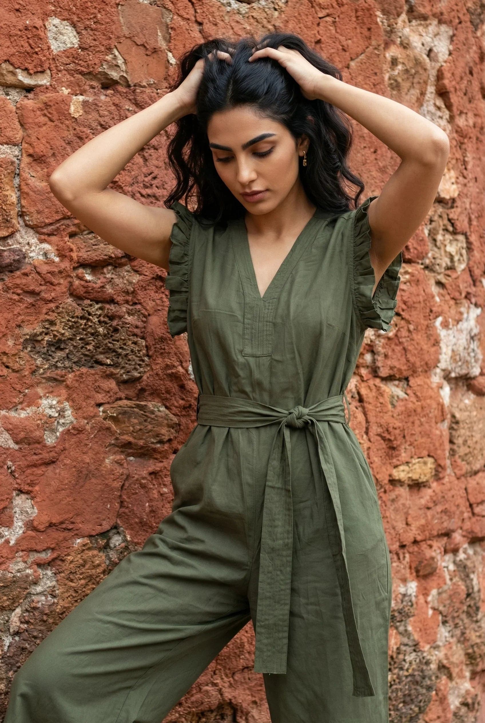 Olive Green Solid V-Neck Belted Cotton Jumpsuit For Women