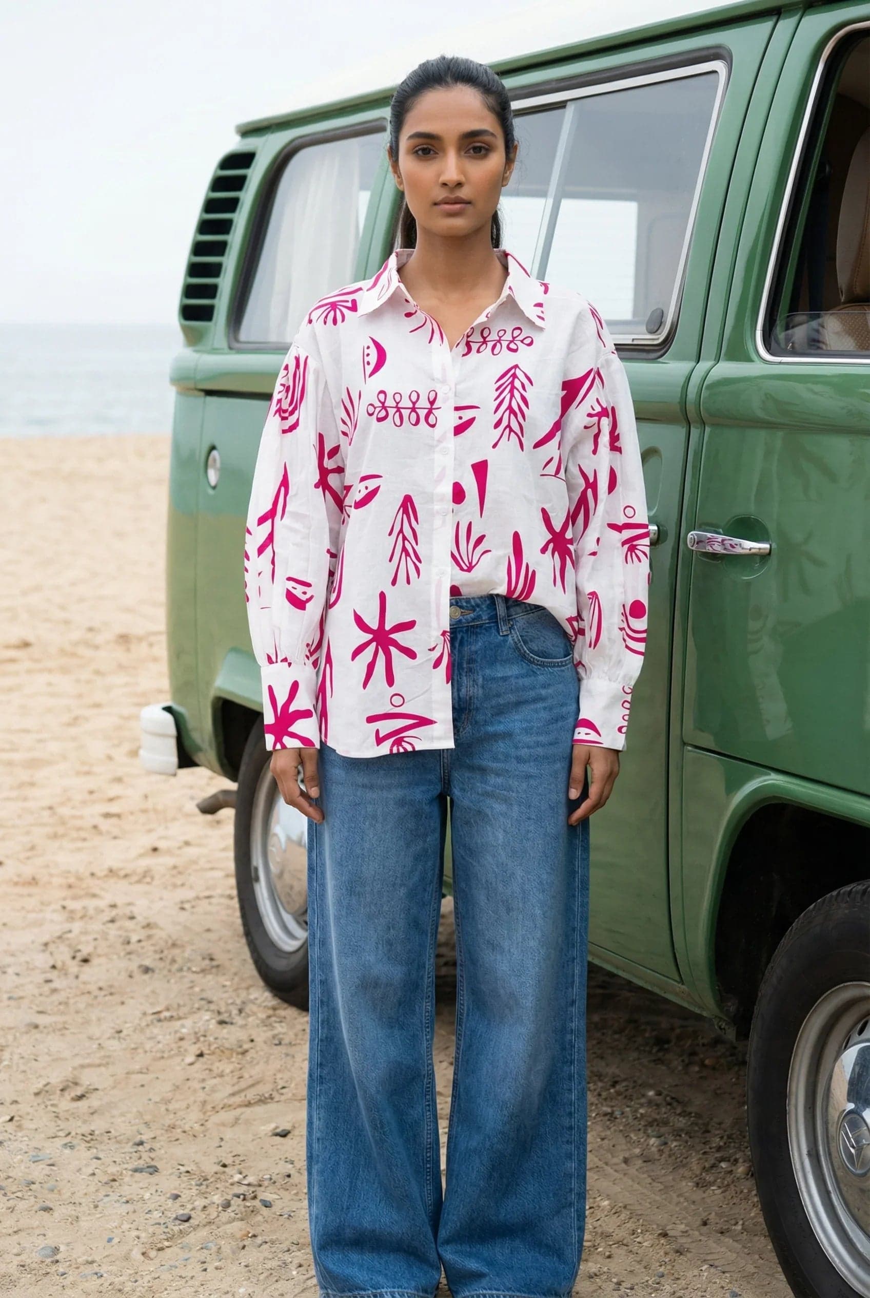 White Abstract Print Shirt Collar Cotton Top For Women