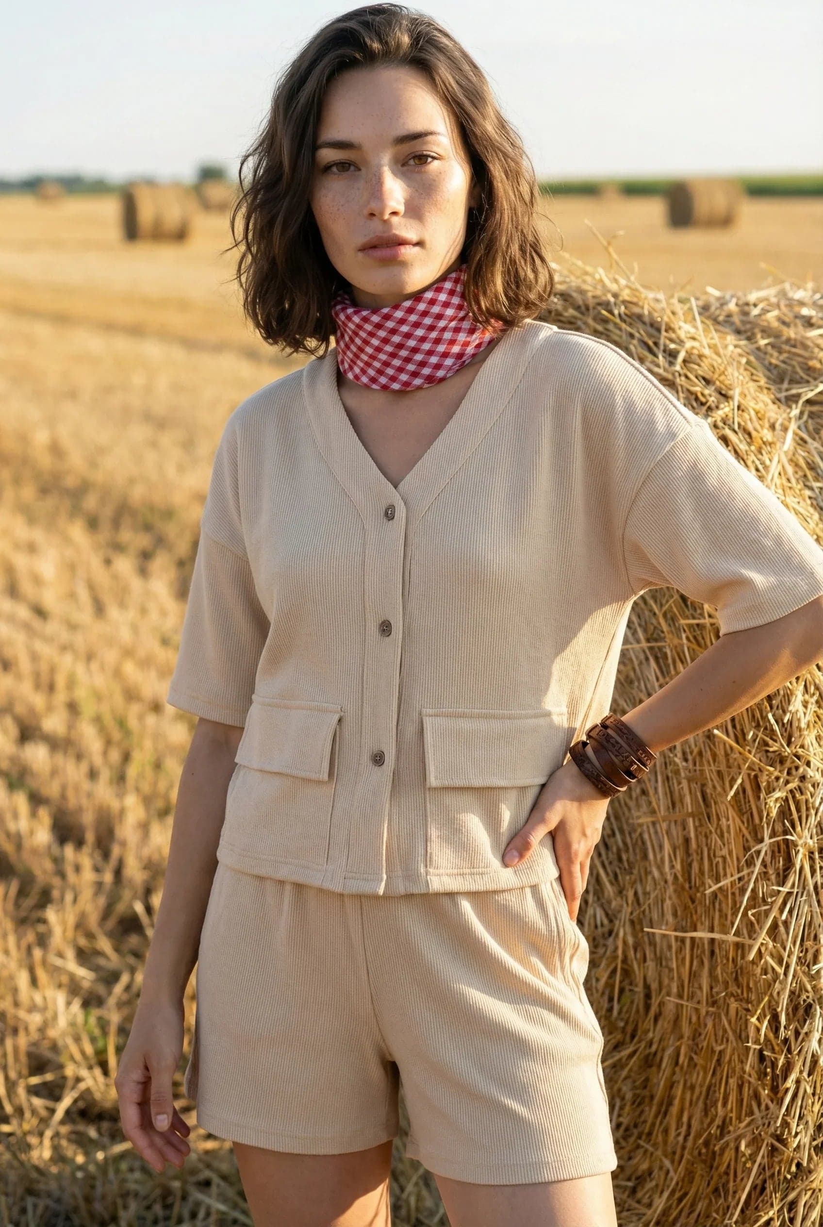 Beige Solid Lycra Shirt Collar Night Suit Set For Women