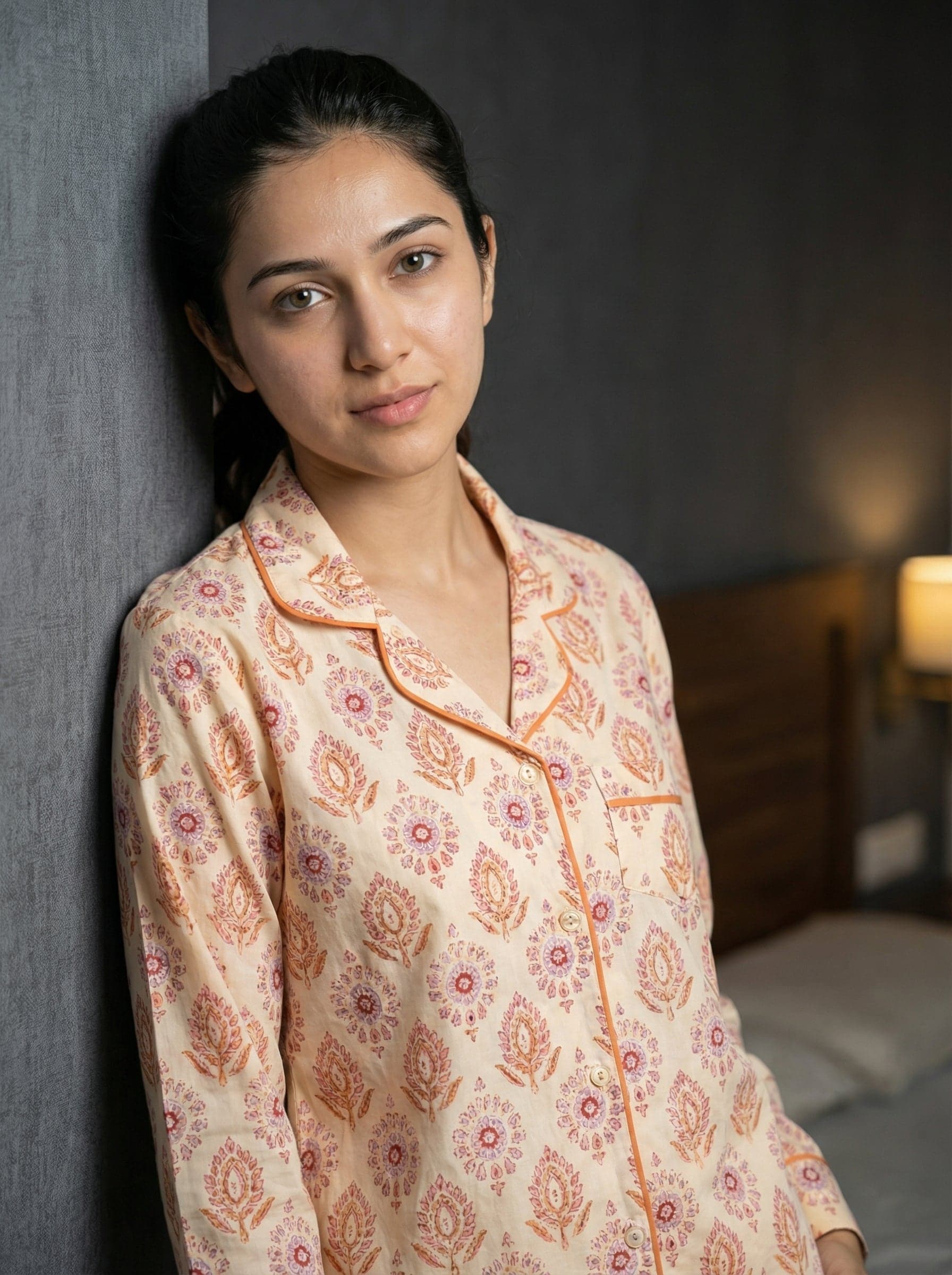 Beige Floral Print Pure Cotton Shirt Collar Night Suit for Women