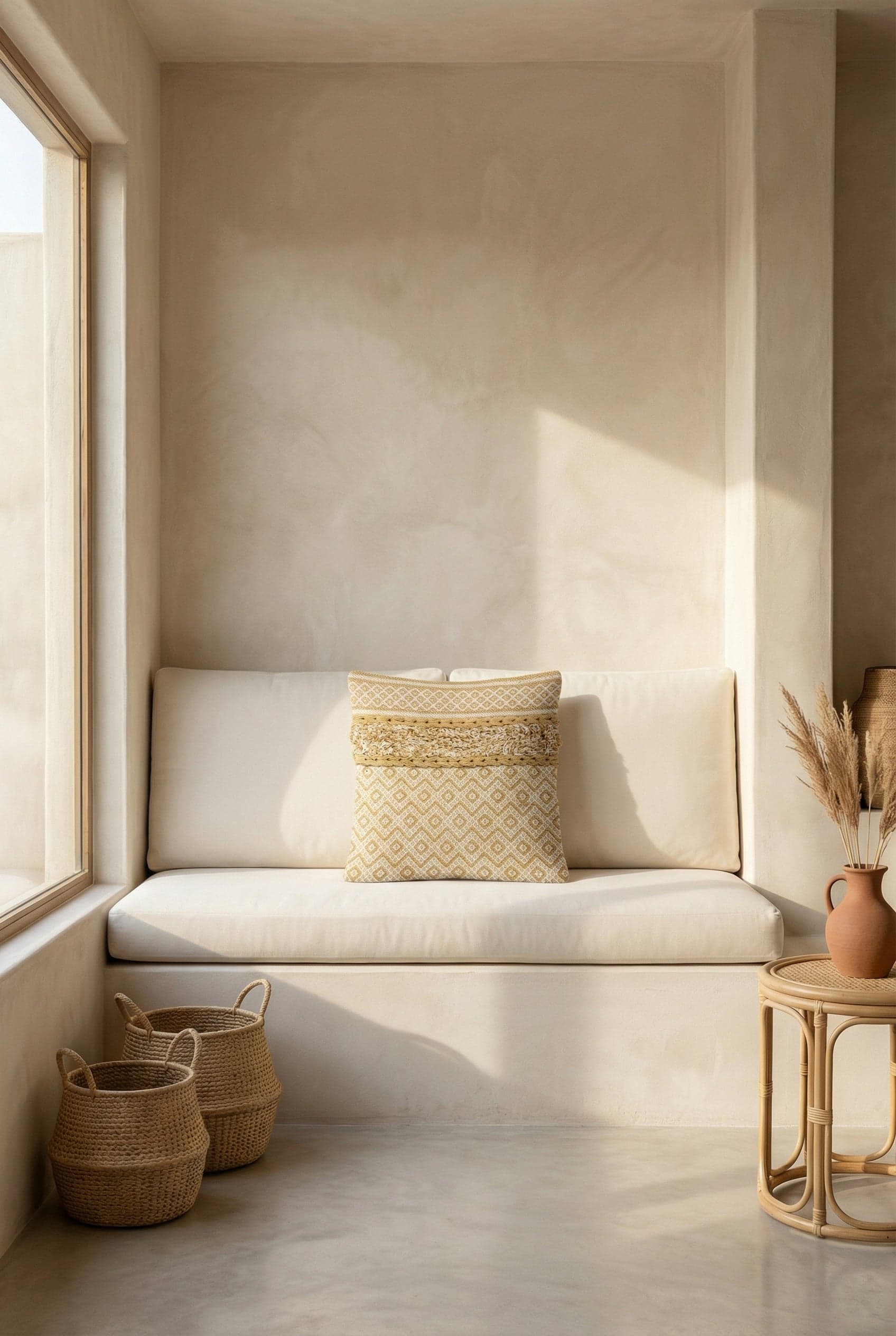 Beige Embroidered Textured Squared Cotton Cushion Cover