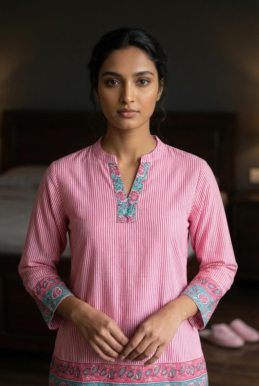 Pink Color Round Neck Stripes Printed Co-Ords Set