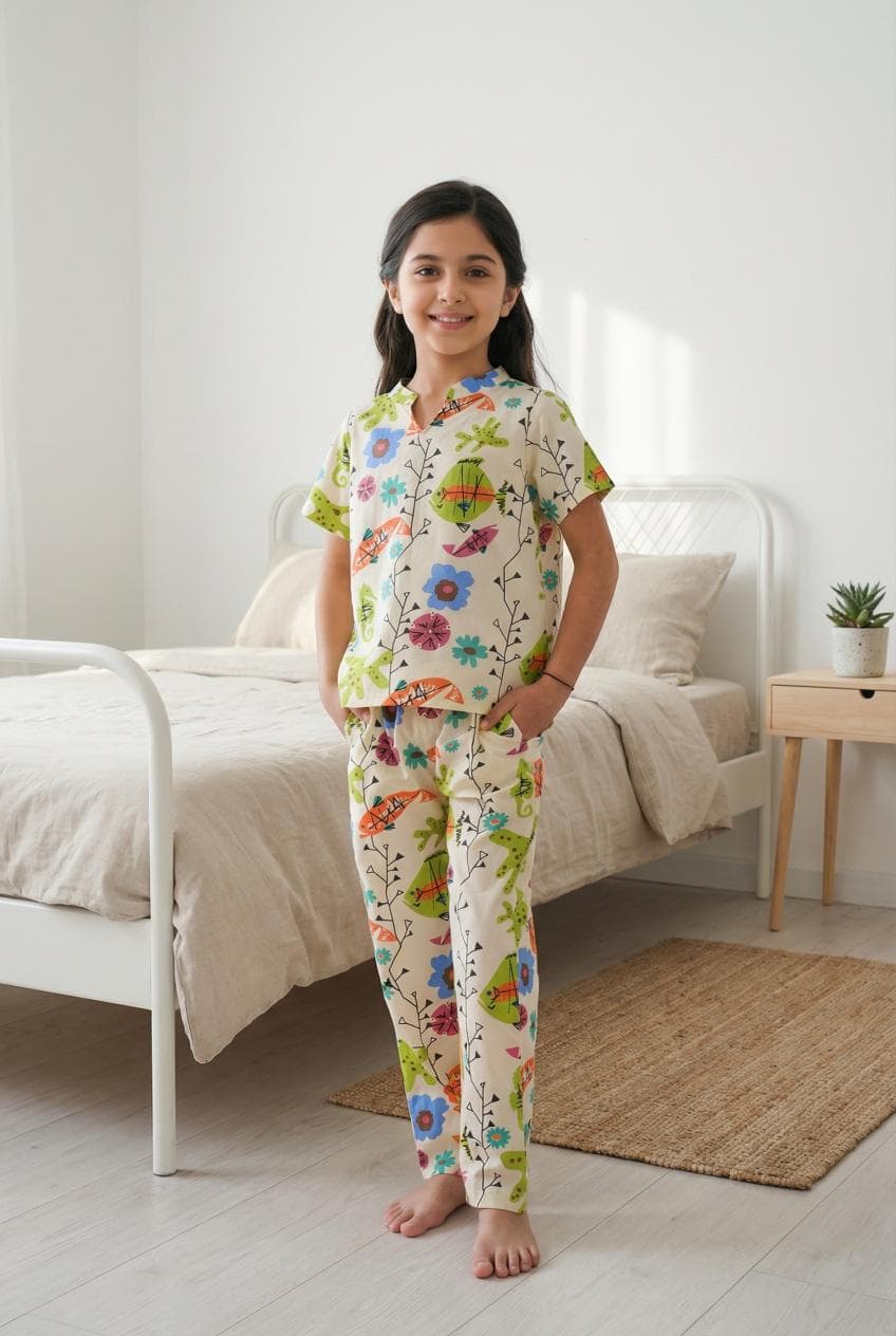 White Floral Print Round Neck Cotton Night Suit Set For Kids