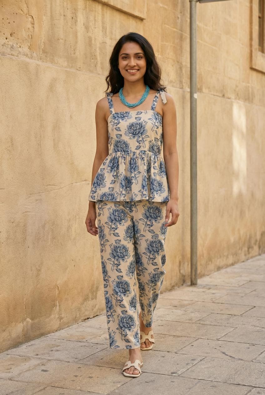 Blue Floral Printed Co Ord Set For Women