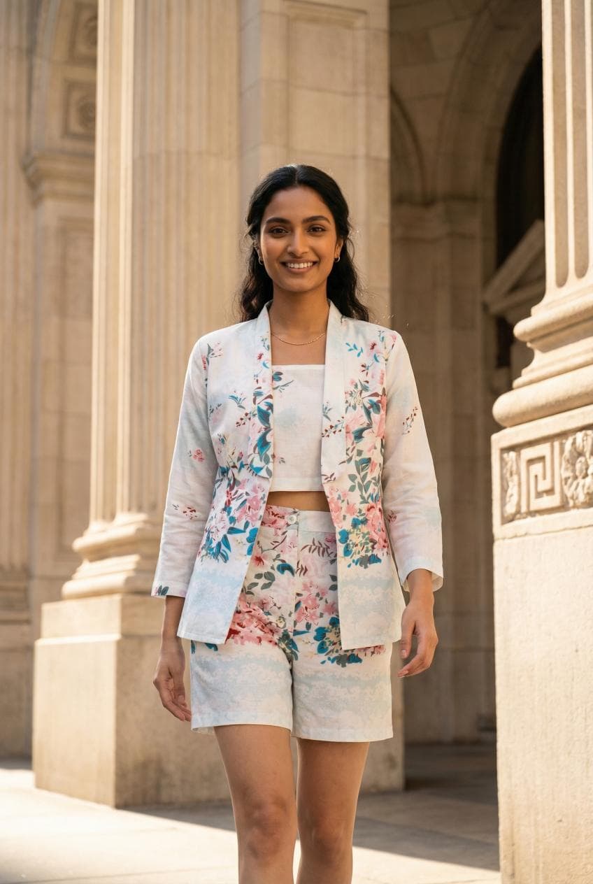 White Floral Print Shirt Collar Three-Piece Co-Ords Set For Women