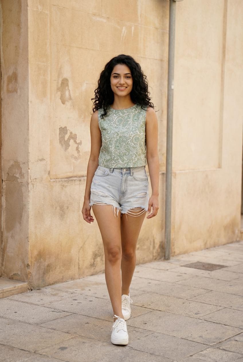 Green Boat Neck Paisley Printed Cotton Top For Women