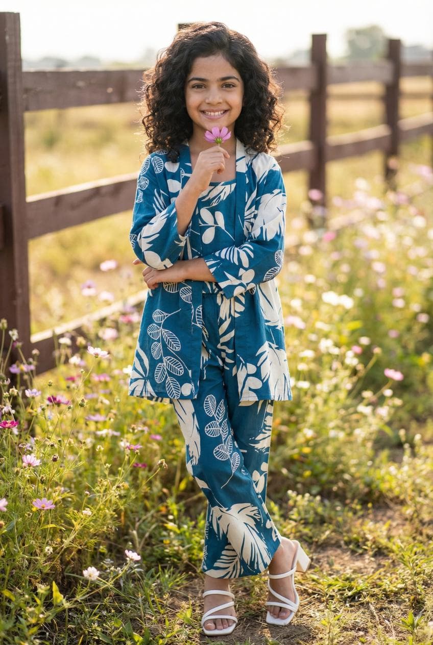 Teal Floral Print Round Neck Pure Cotton Night Suit For Kids