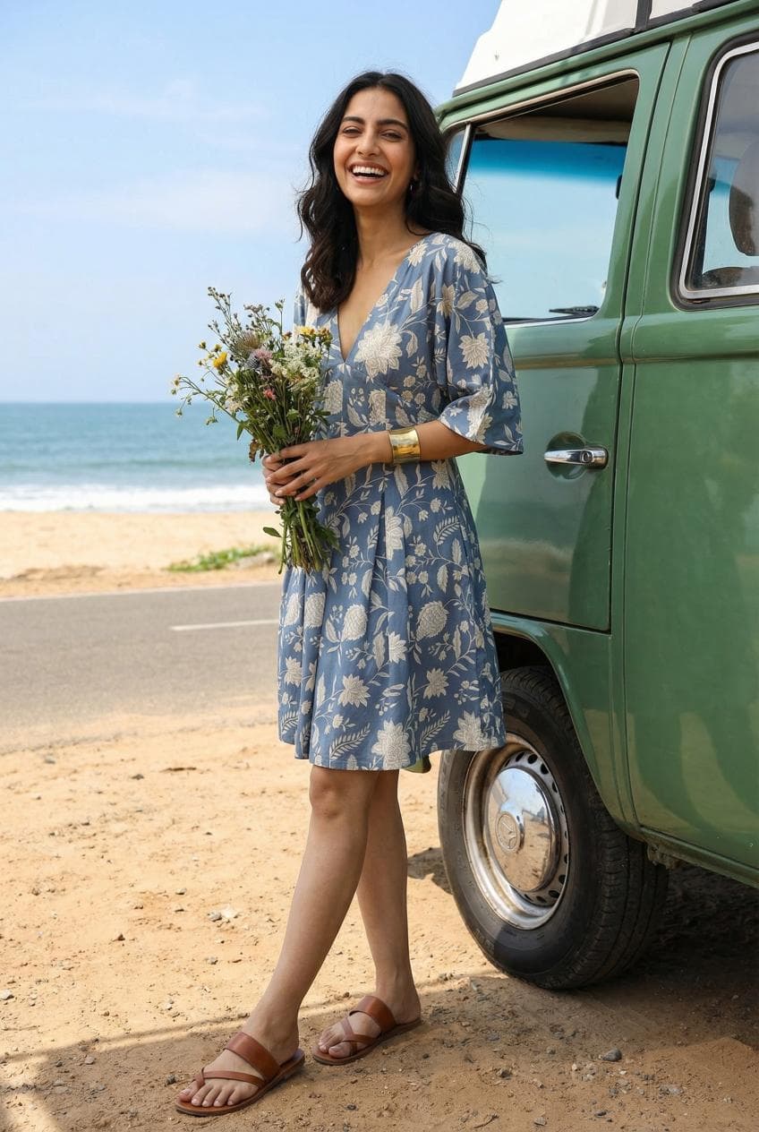 Grey Floral Printed Cotton Pleated Fit & Flare Dress For Women