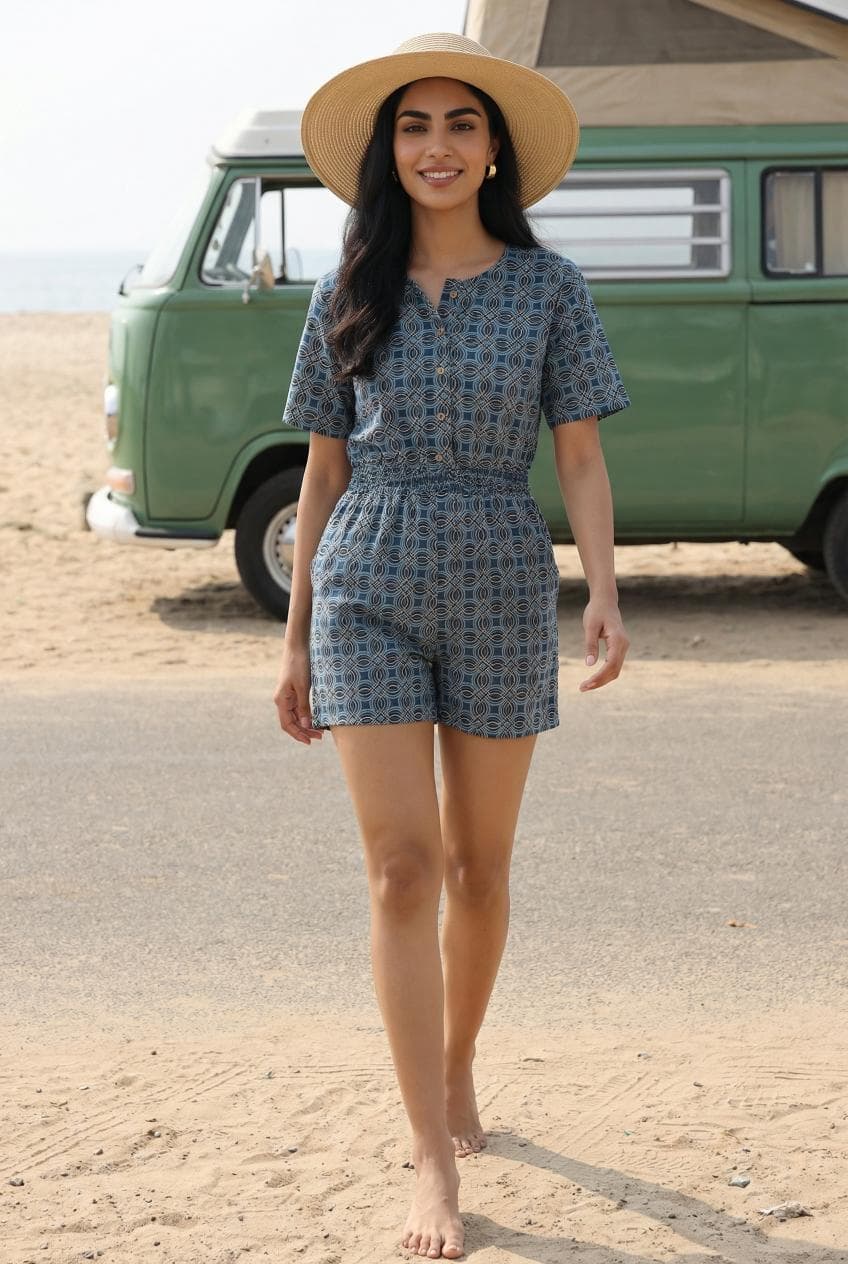 Blue Round Neck Ethnic Motifs Print Cotton Jumpsuit For Women