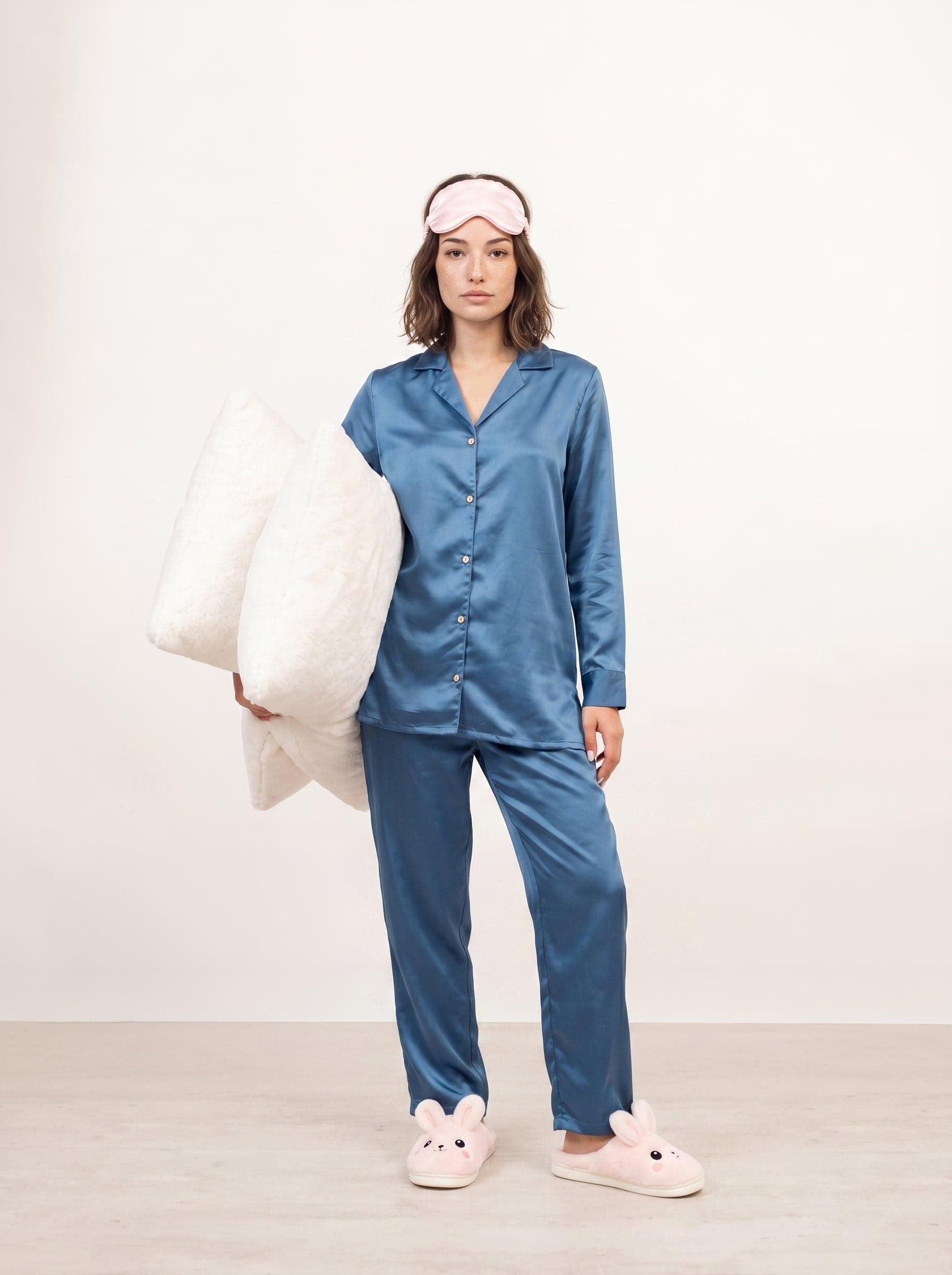 Blue Lapel Collar Solid print Pure Silk Night Suit For Women
