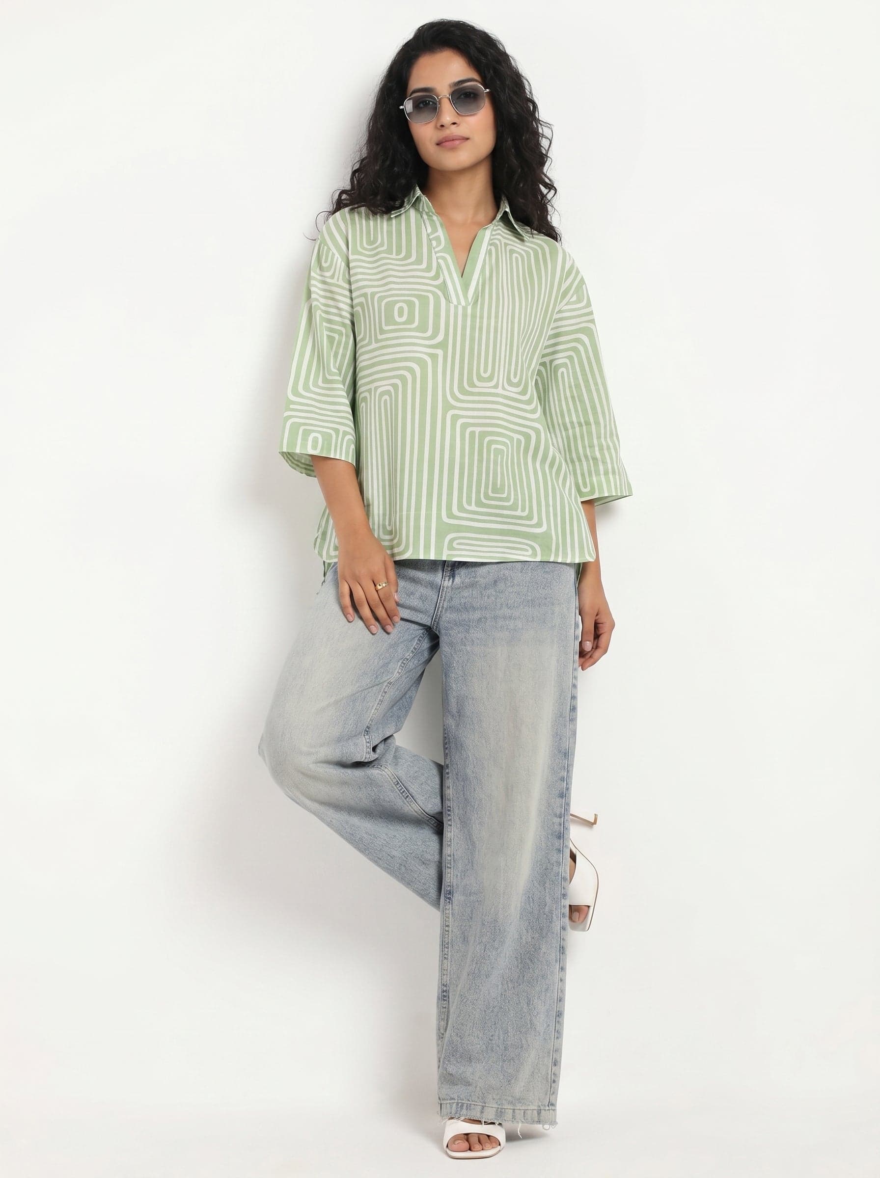 Green Shirt Collar Geometric Print Cotton Top For Women
