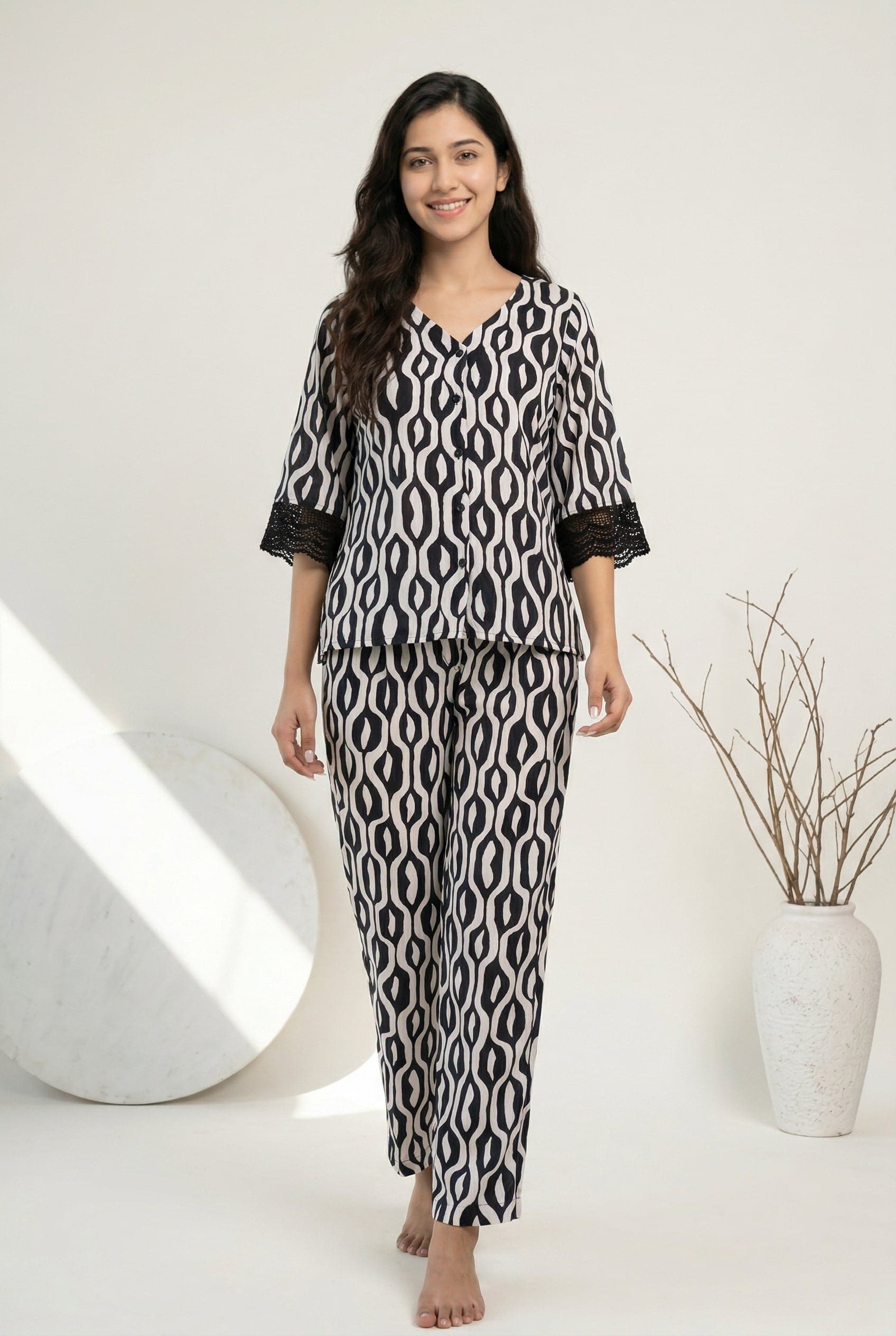 Black V-Neck Geometric Print Cotton Night Suit For Women