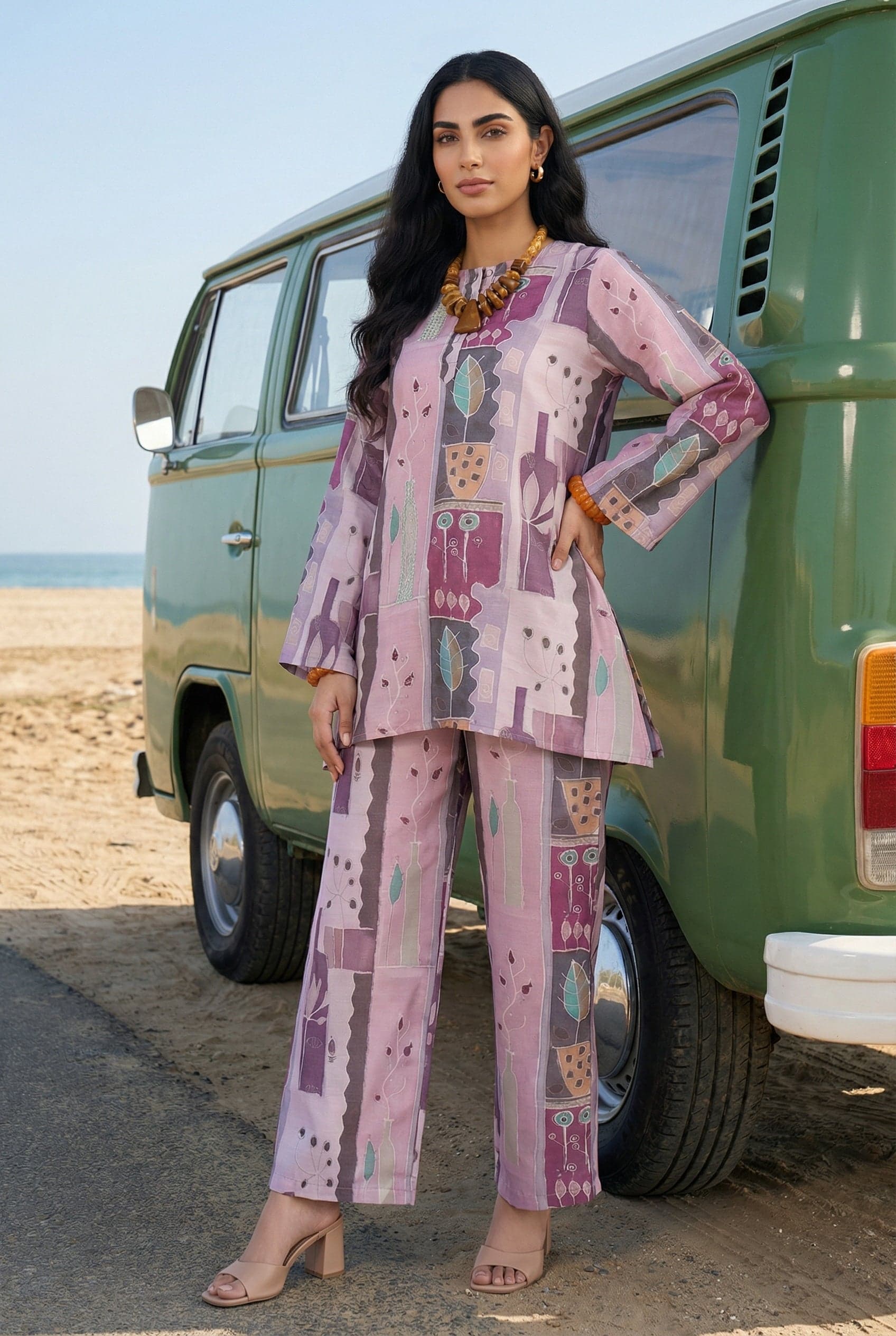 Multi Color Geometric Print Round Neck Linen Co-Ord Set For Women
