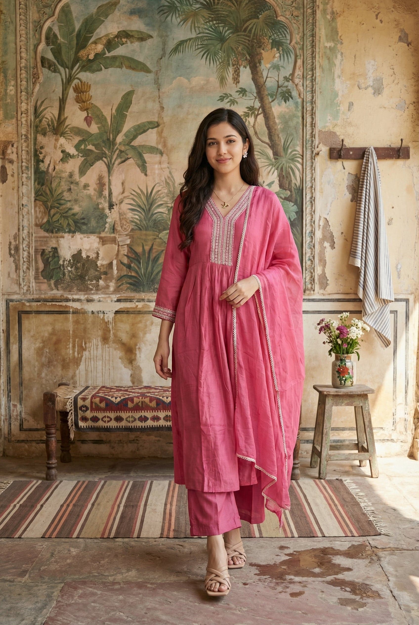 Pink V-Neck Solid Art Silk Kurta Set With Dupatta For Women